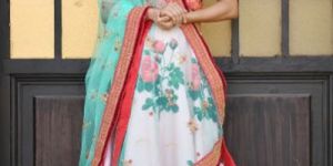 Pink and Firozi Silk Lehenga