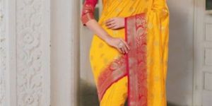 Yellow Colored Banarasi Silk Saree.