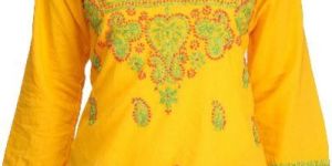 Hand Embroidered Yellow Pure Cambric Cotton Lucknow Chikan Top