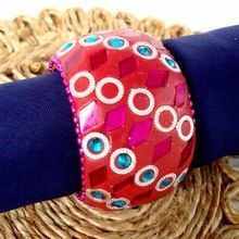6 PC Set Fushia Lac with Turquoise Bead Napkin Ring, Lac and Mirror Work Napkin Ring
