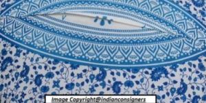 PILLOW CASE OTTOMAN POUF BOHEMIAN BLUE COTTON