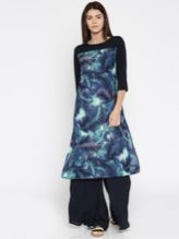 a Line Blue and Black Fusion Print Rayon Kurta