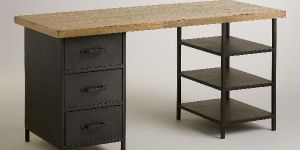 WOOD TOP INDUSTRIAL DESK WITH SHELF AND DRAWERS