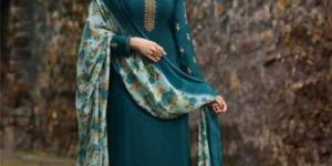 Turquoise Embroidered Straight Suit