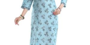 Sky Blue Jute Cotton Printed Kurta for Everyday Wear with Befitting Buttons