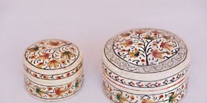 Kashmiri Art Papier Mache Round Trinket Box-(Set Of 2)
