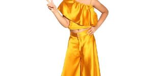 Girls Satin Cotton Musterd Yellow Plazo & Top