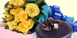 Yellow Roses And Chocolate Cake