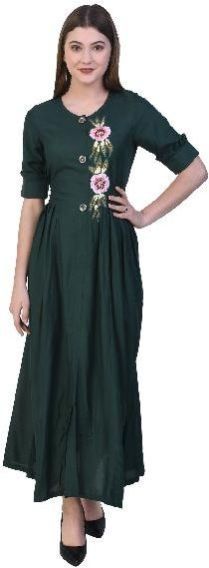 Solid Embroidered A-Line Ethnic Dress