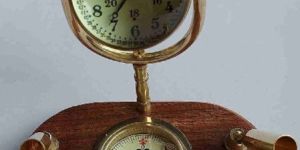 Antique Wooden Brass Table Clock Globe with Pen Holder and Compass