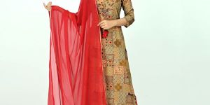 Light Brown Printed Kurta with Maroon Pant & Dupatta