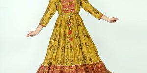 Mustard Yellow Flared Gown with Handwork and Belt
