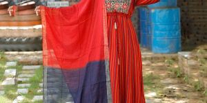 Rayon 3pc Red Suit with Pant and Bhagalpuri Dupatta