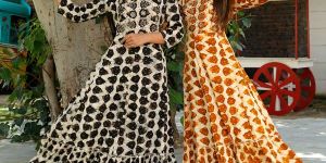 Rayon Abstract Print Flared Gown