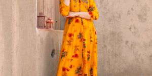 Rayon Flower Booti Print Flared Gown
