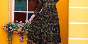 Rayon Geometric Frill Gown