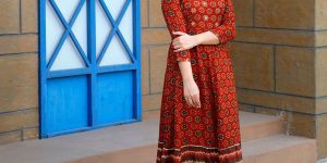 Rayon Web Print Flared Gown