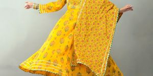 Yellow Floral Anarkali with Pant and Dupatta