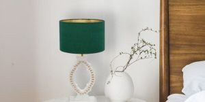 Wooden White Lamp With Golden Dots & Green Lamp Shade
