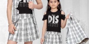 Woven Black and White Checks Black Inner Jacket and Skirt