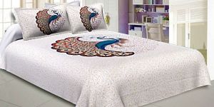 RED PEACOCK PRINT COTTON DOUBLE BED SHEET WITH 2 PILLOW COVERS