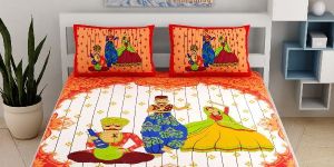RED PUPPET PRINT COTTON DOUBLE BED SHEET WITH 2 PILLOW COVERS