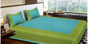 TURQUOISE BUTA PRINT COTTON DOUBLE BED SHEET WITH 2 PILLOW COVERS