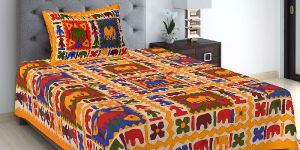 YELLOW ABSTRACT PRINT COTTON SINGLE BED SHEET WITH 1 PILLOW COVER