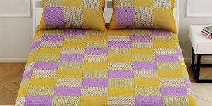 YELLOW CHAKS PRINT COTTON QUEEN SIZE BED SHEET WITH 2 PILLOW COVERS