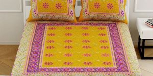 YELLOW FLORAL PRINT COTTON QUEEN SIZE BED SHEET WITH 2 PILLOW COVERS