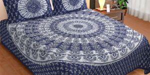 Indigo Blue Cotton Printed Bedsheet King Size