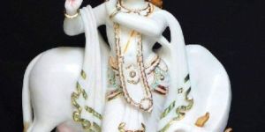 Marble Krishna Statue with Cow