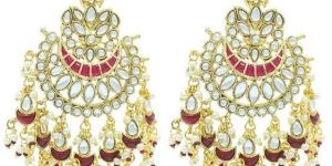 Pachi Kundan Chand Bali Red Long Gold Plated Earrings