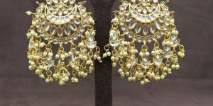 Pachi Kundan White Color Chandbali Long Gold Plated Earrings