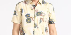 Mens Creamy Big Flower Print Half Sleeves Cotton Shirt