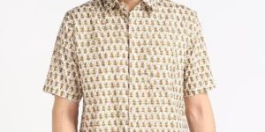 Mens Mustard Yellow Kari Printed Half Sleeves Cotton Shirt