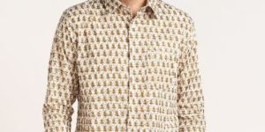 Mens Mustard Yellow Printed Full Sleeves Cotton Shirt
