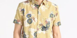 Mens Pale Yellow Big Flower Print Half Sleeves Cotton Shirt