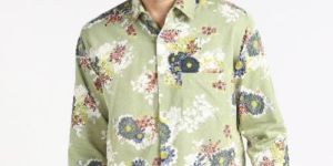 Mens Sea Green Big Flower Print Full Sleeves Cotton Shirt