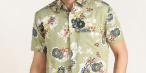 Mens Sea Green Big Flower Print Half Sleeves Cotton Shirt