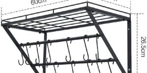 Wall Mount Hanging Shelf with 2 Rails, 12 Hooks