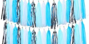 HIPPITY HOP TISSUE PAPER GARLAND POM POM TASSELS BLUE SILVER ( PACK OF 1 )