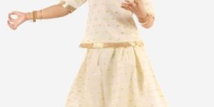 Kids Gold Weave Jacquard White Lehenga Choli