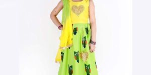 Kids Heart Embroidered Choli with Owl Print Lehenga And Double Shaded Dupatta