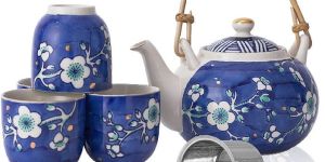 Taimei Teatime Blue Ceramic Tea Set, 25-oz Teapot with Infuser and 4 Tea Cup Set in Japanese Style