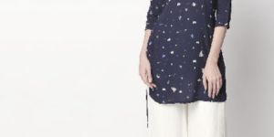 Womens Cotton Printed Regular Navy Blue Kurti