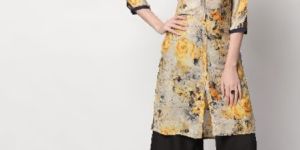 Yellow Floral Print Rayon Fabric Grey Kurti