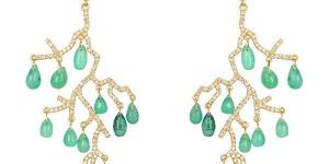 Yellow Gold Emerald Diamond Drop Dangles
