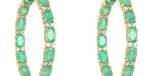 Yellow Gold Emerald Diamond Hoop Earrings