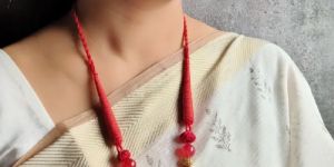 Red Fabric & Antique Gold Finish Necklace Set